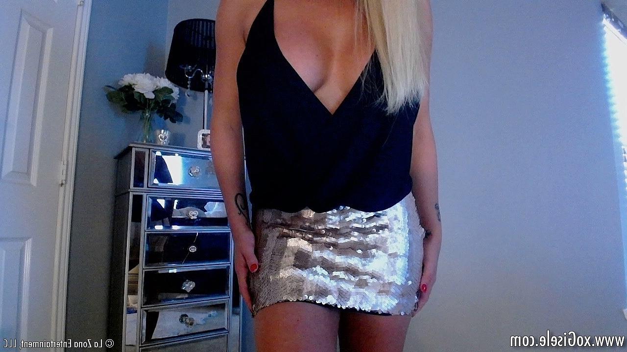 15P Gisele wears a tight mini skirt and low cut top as she strips everything off and gets down with her dildo