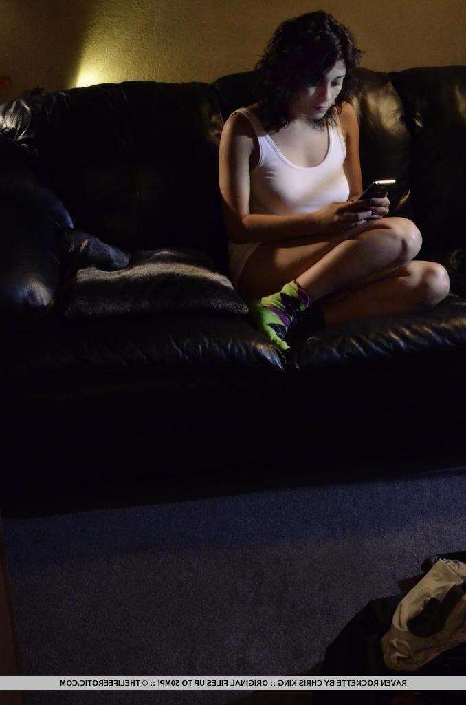 16P Busty brunette teen Raven Rockette fondles her hairy pussy on the couch