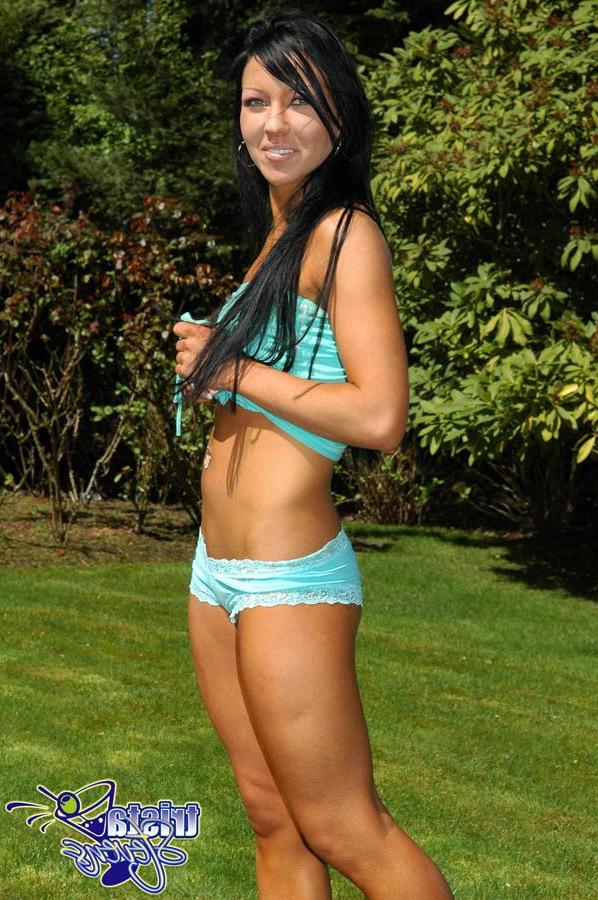 12P Trista Stevens strips out of her sexy aqua lingerie in a public park