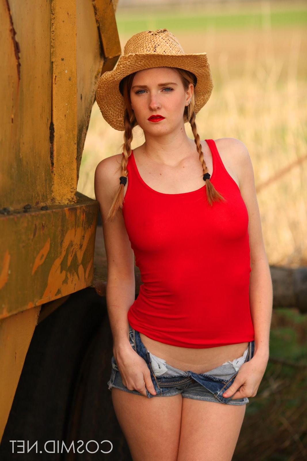 16P Blonde country girl Ashley Lane strips and flashes for you on the farm