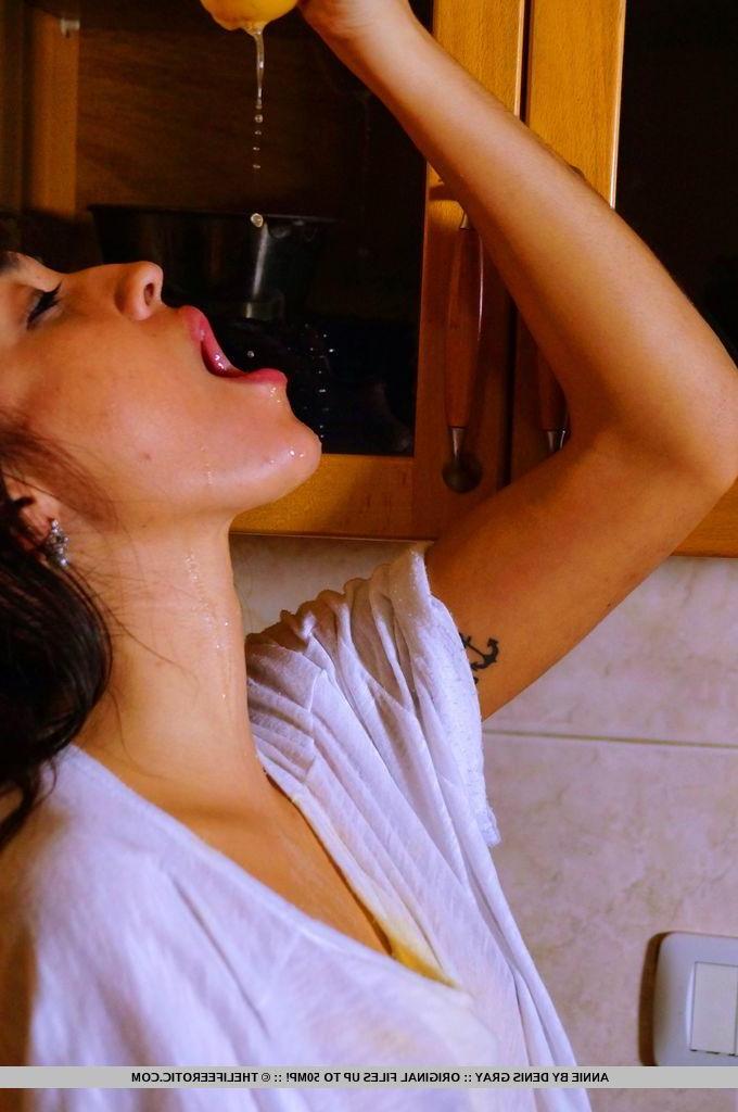 16P Brunette model Annie gets messy in the kitchen in "Citrus Sunrise"