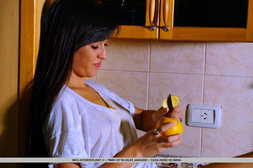 16P Brunette model Annie gets messy in the kitchen in "Citrus Sunrise"