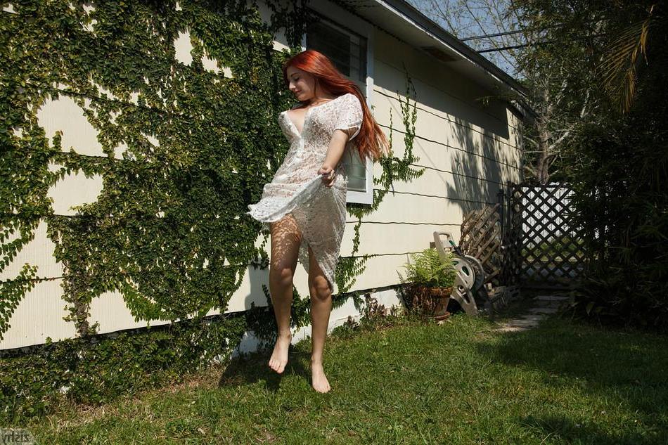 8P Redhead hottie Gina Rosini shows you how gorgeous she looks in a white dress