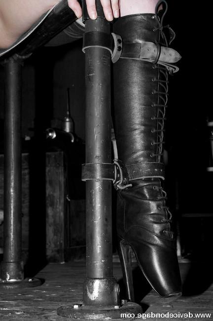 15P Masked Alyssa on ultra high heels in leather strap bondage