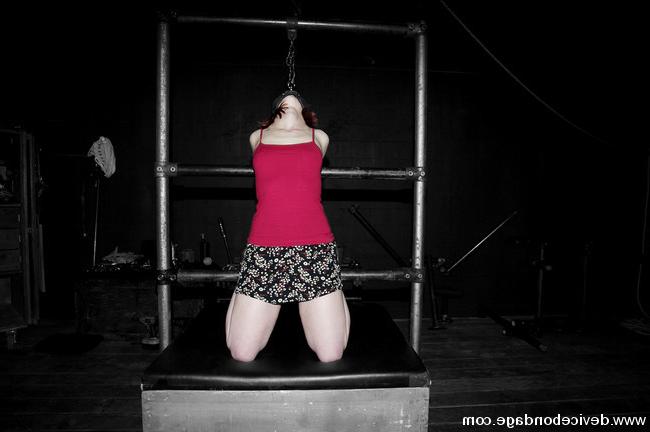 15P Redhead girl fixed in strap bondage gaged and nipples stretched