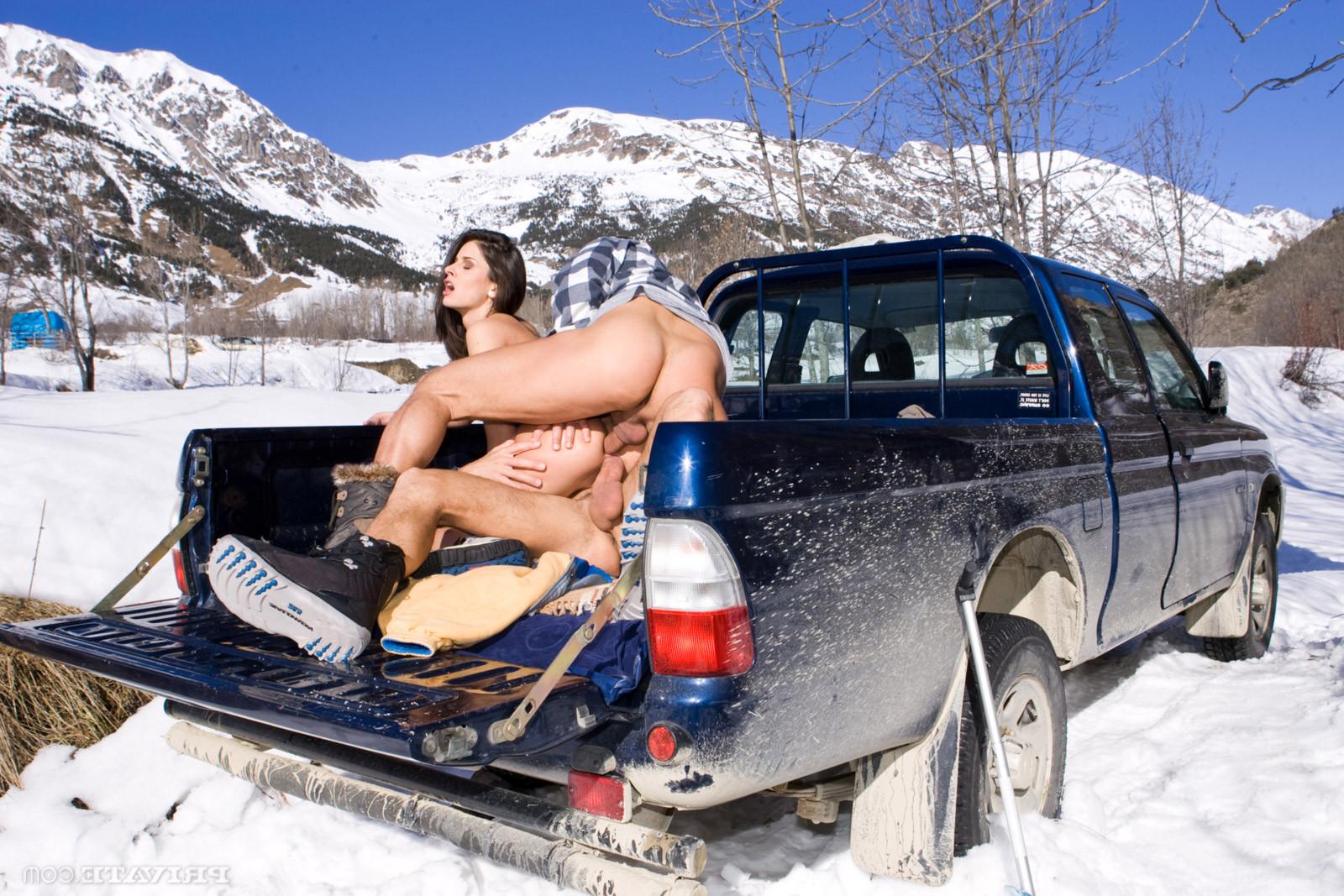 15P Snow Angels Double penetrating a brunette girl on a truck at the