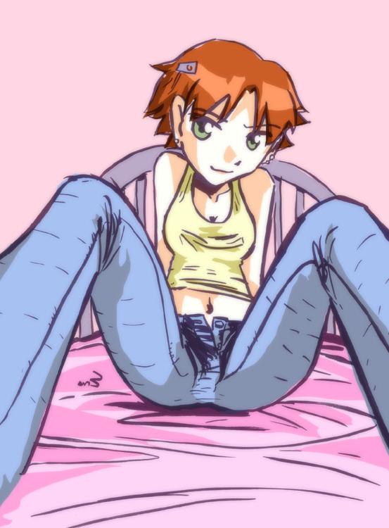 12P A girl is in her bedroom, sitting on her bed in jeans and a tank top