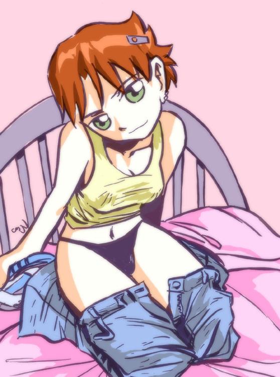 12P A girl is in her bedroom, sitting on her bed in jeans and a tank top