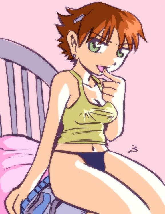 12P A girl is in her bedroom, sitting on her bed in jeans and a tank top