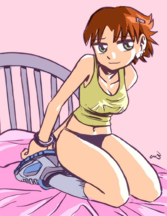 12P A girl is in her bedroom, sitting on her bed in jeans and a tank top
