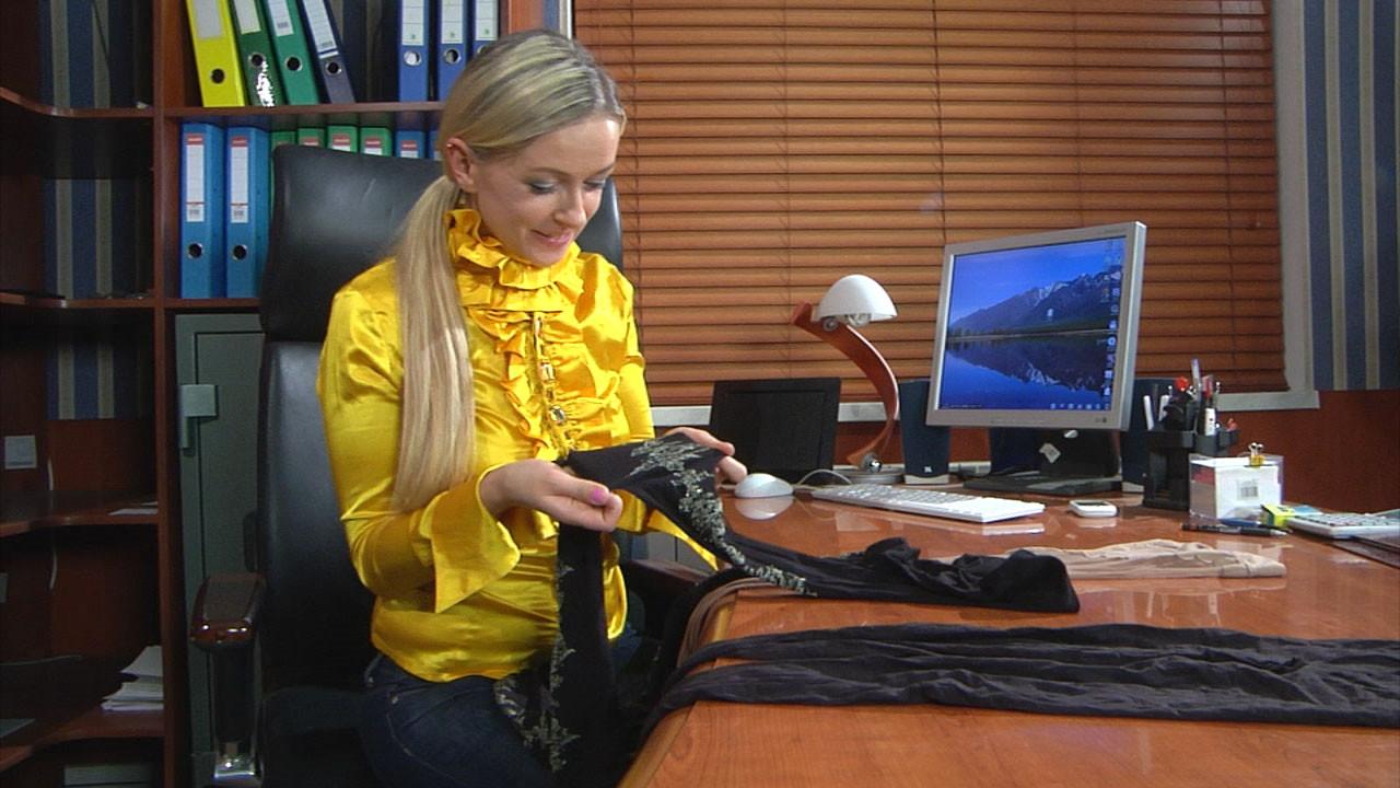 20P Brightly dressed office girl gives in to her pantyhose obsession