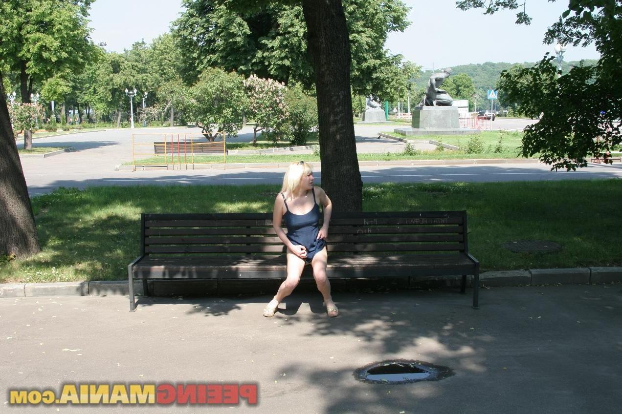 10P An impressive pee spot on the white panties done by a park blonde girl