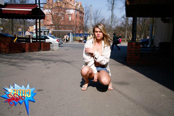 16P Busty blonde teen in mini flashes her twat in a public place
