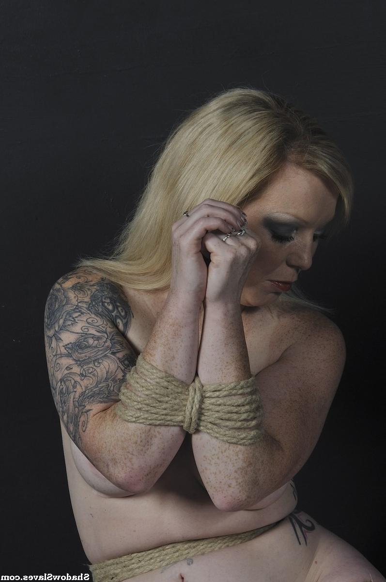 16P Amateur blonde subbie Angel is suspended in rope bondage