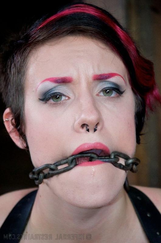 16P Iona Grace busty is spread in leather strap dungeon bondage