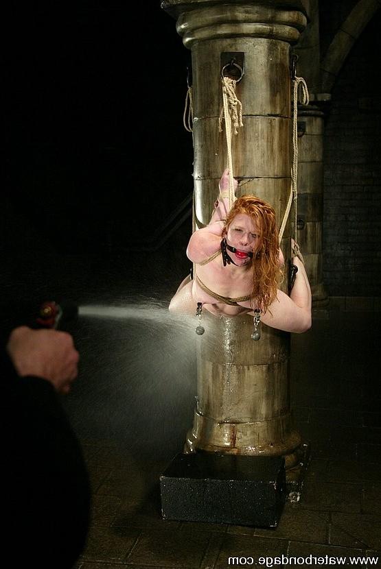 15P Madison Young hot redhead in bondage gets sprayed and dunked