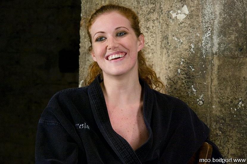 15P Busty Redhead Sabrina Fox hogtied with rope nipples crushed