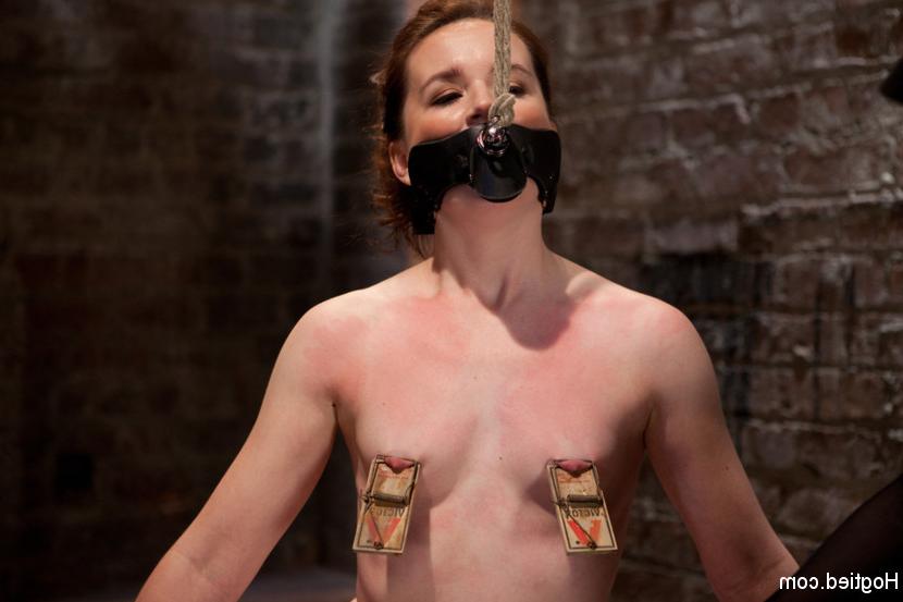 15P Red head and tiny AnnaBelle Lee is tied with her gag and hair pulling in two dir