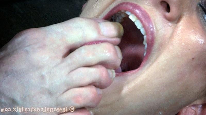 15P Hailey Young in leather bondage crying out on high heels