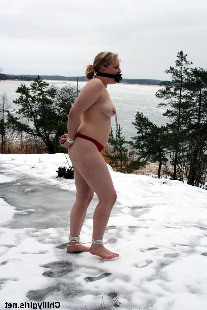 20P Girl barefoot in winter bondage