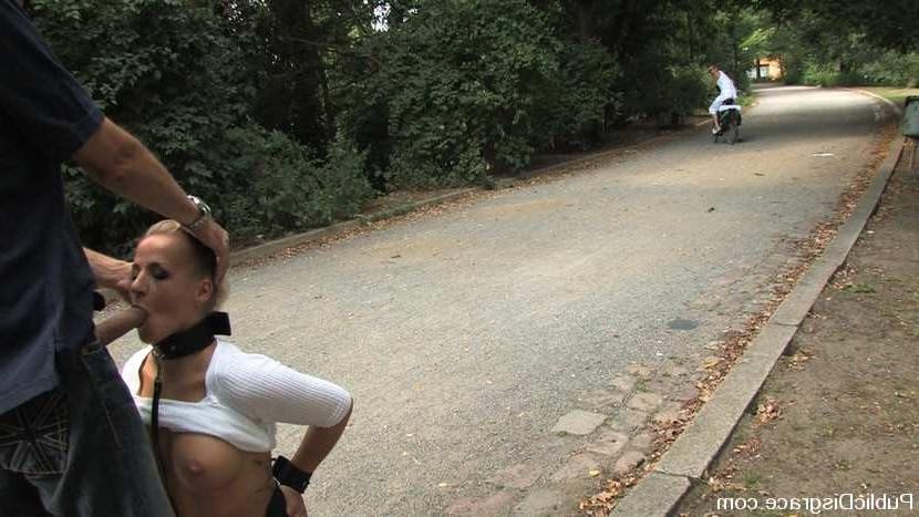 15P Horny blonde doing blowjob and fucked in public bondage