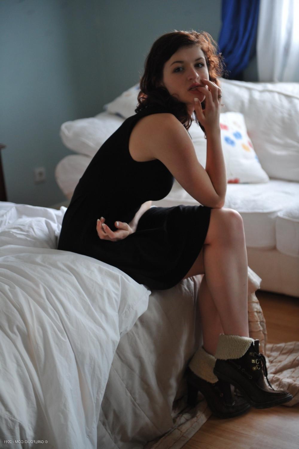 12P Beauty brunette Fawna strips out of her black dress