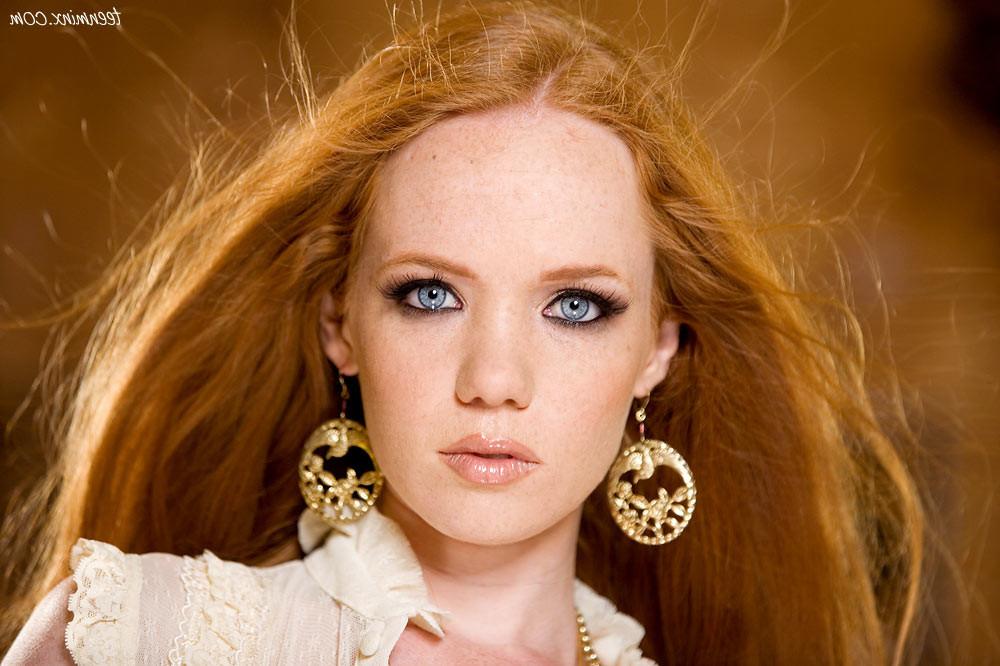 18P Gorgeous petite redhead with long flaming red hair spreads