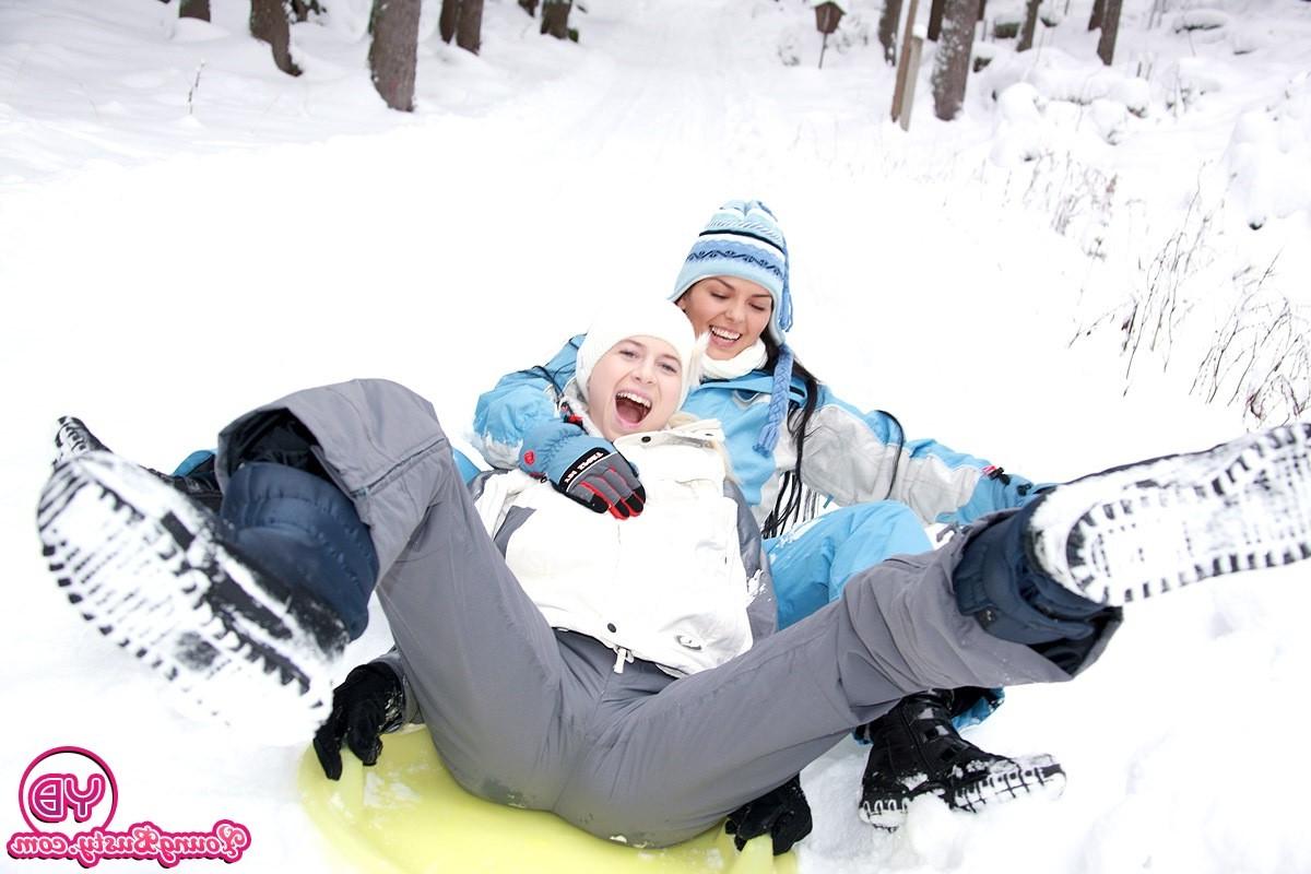14P Two sexy lesbians very horny playing in the snow with toys