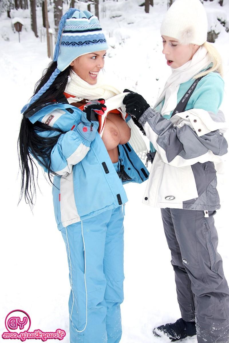 14P Two sexy lesbians very horny playing in the snow with toys