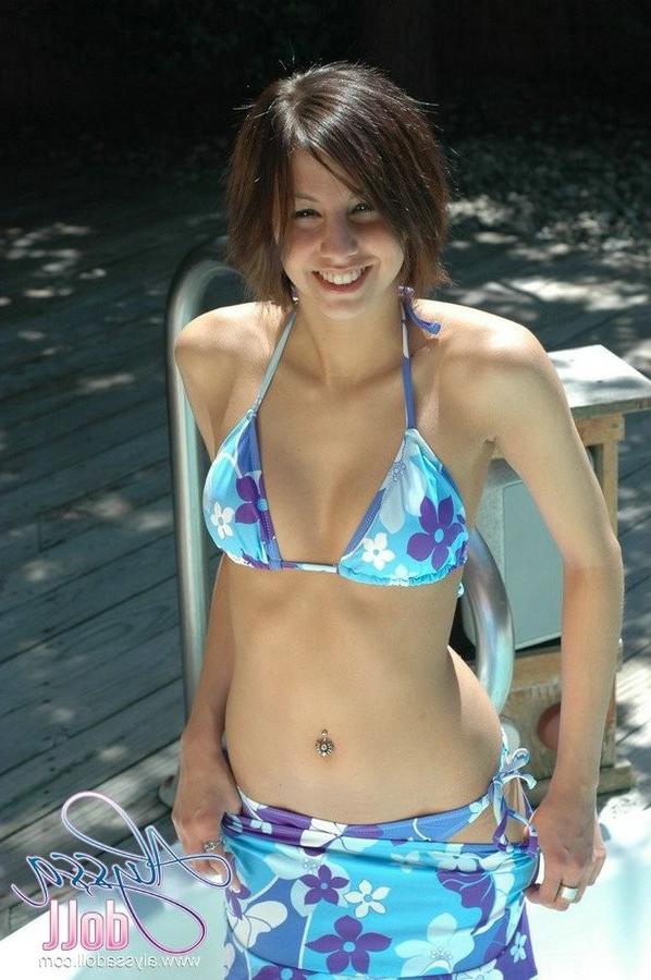15P Super cute hottie Alyssa posing in a blue bikini