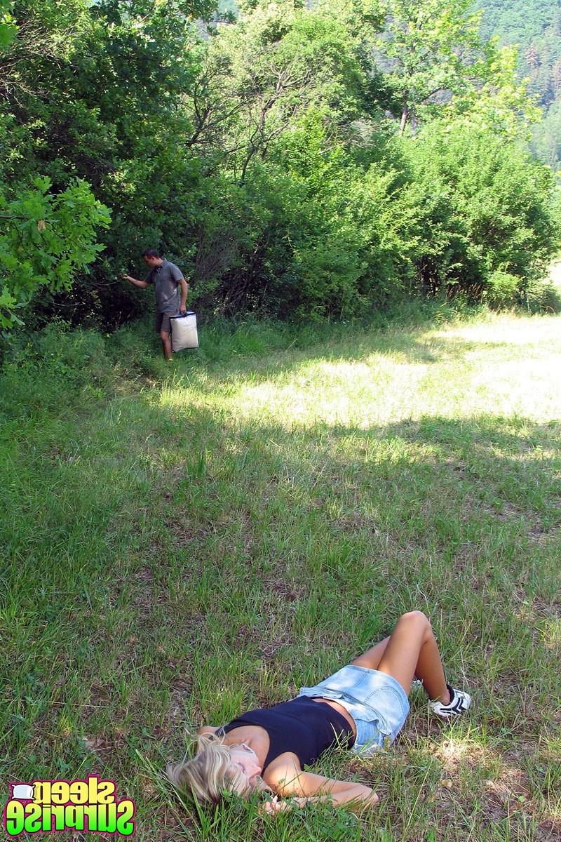 14P Tired blonde takes a nap but gets fucked in a public park