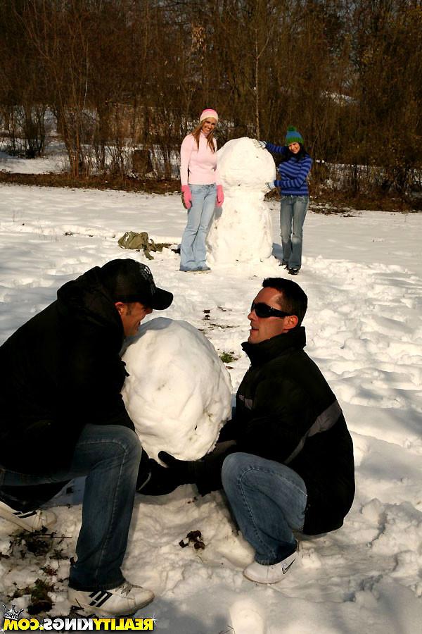 12P Super hot snoe bunnies share some cock after a horny snow fight in these hot sex