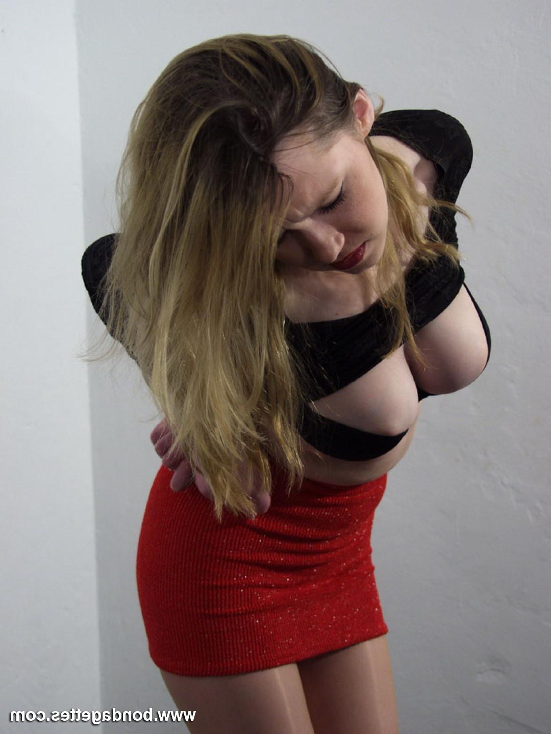 15P Blonde submissive gagged and hog tied in bondage