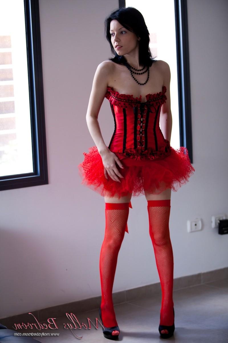 16P Molly is decked out in a delicious lingerie set consisting of a satin corset, fi
