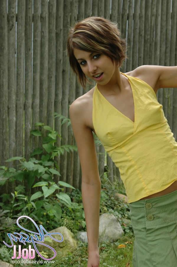 16P Brunette teen alyssa doll stripping in the backyard
