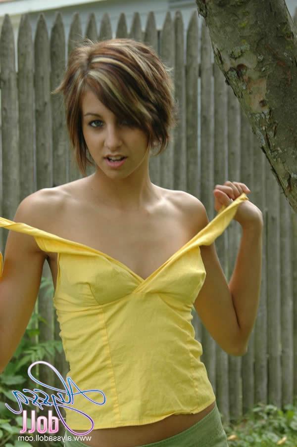 16P Brunette teen alyssa doll stripping in the backyard