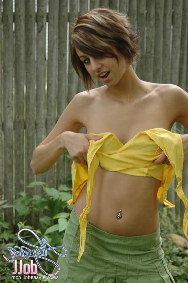 16P Brunette teen alyssa doll stripping in the backyard