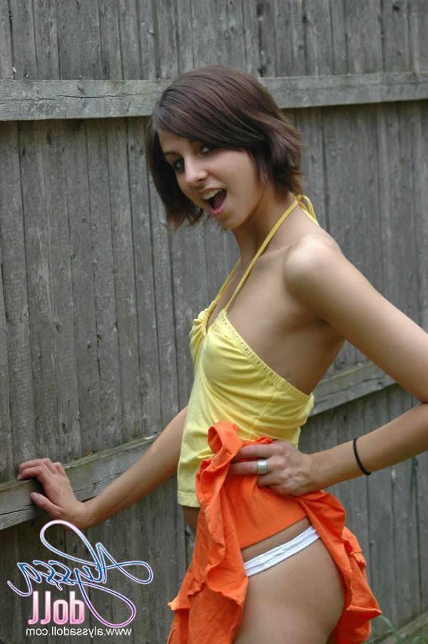 15P Brunette teen alyssa doll stripping outside