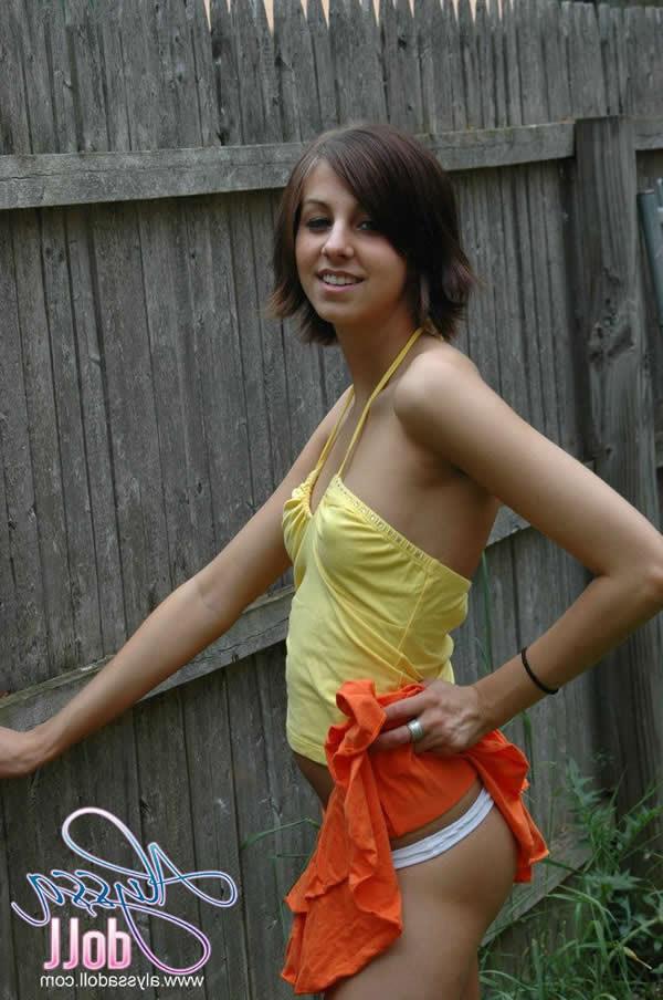 15P Brunette teen alyssa doll stripping outside