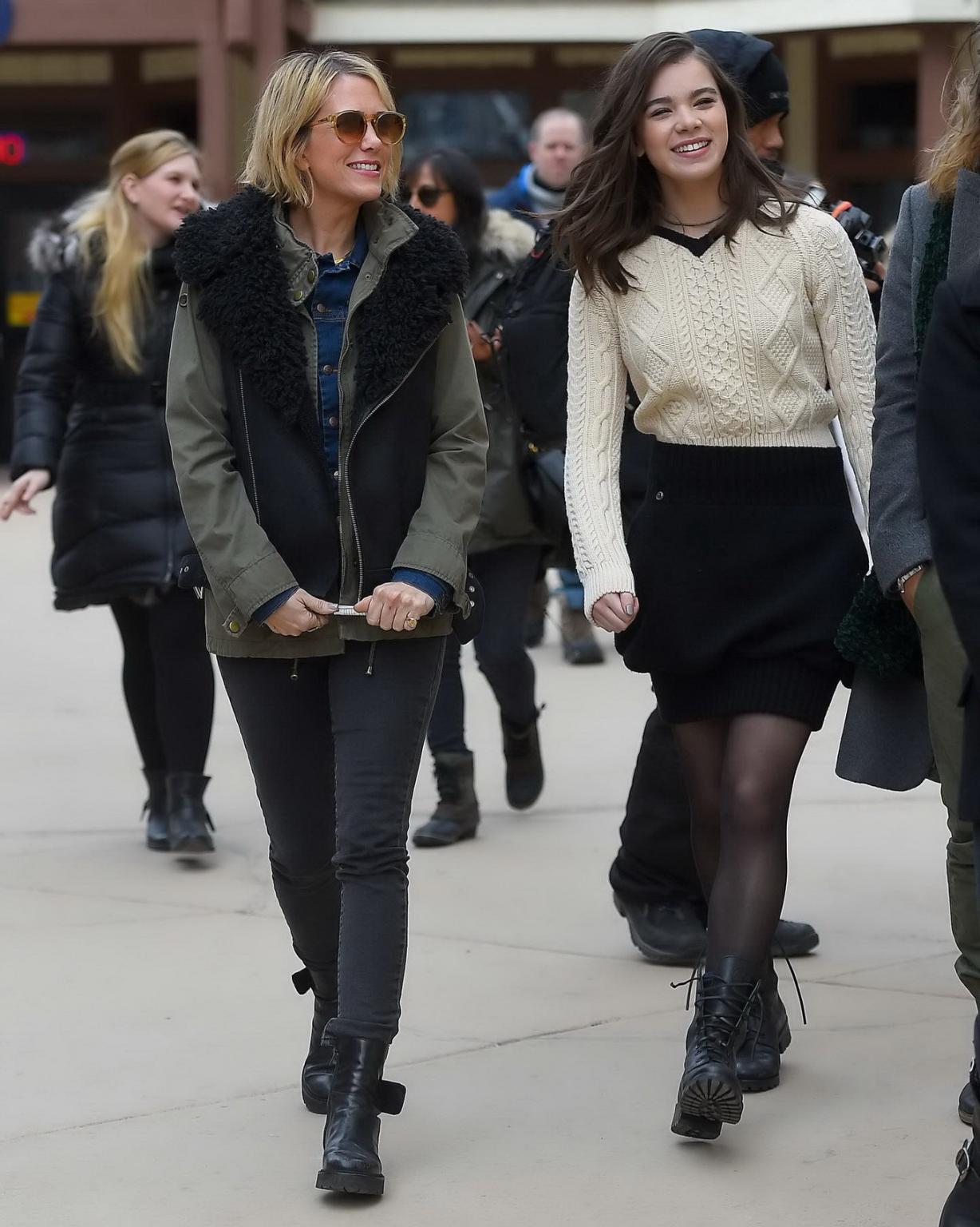 16P Hailee Steinfeld leggy wearing mini skirt and pantyhose out in Park City
