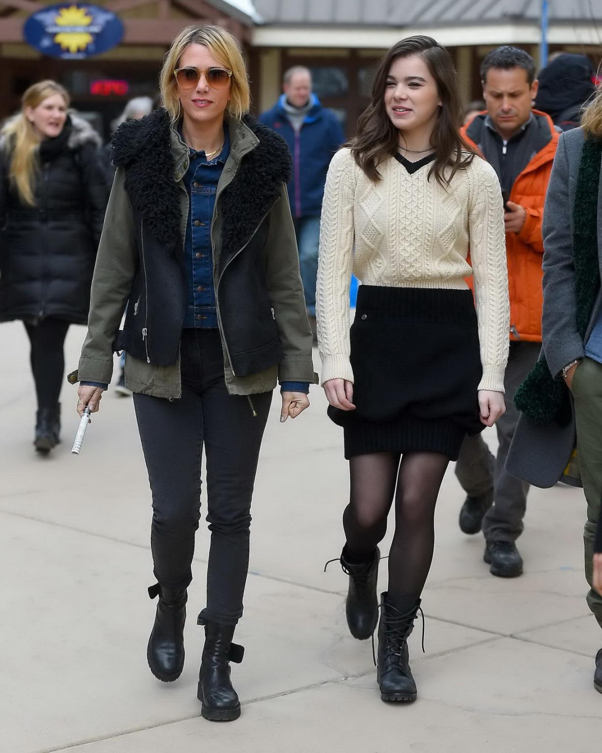 16P Hailee Steinfeld leggy wearing mini skirt and pantyhose out in Park City