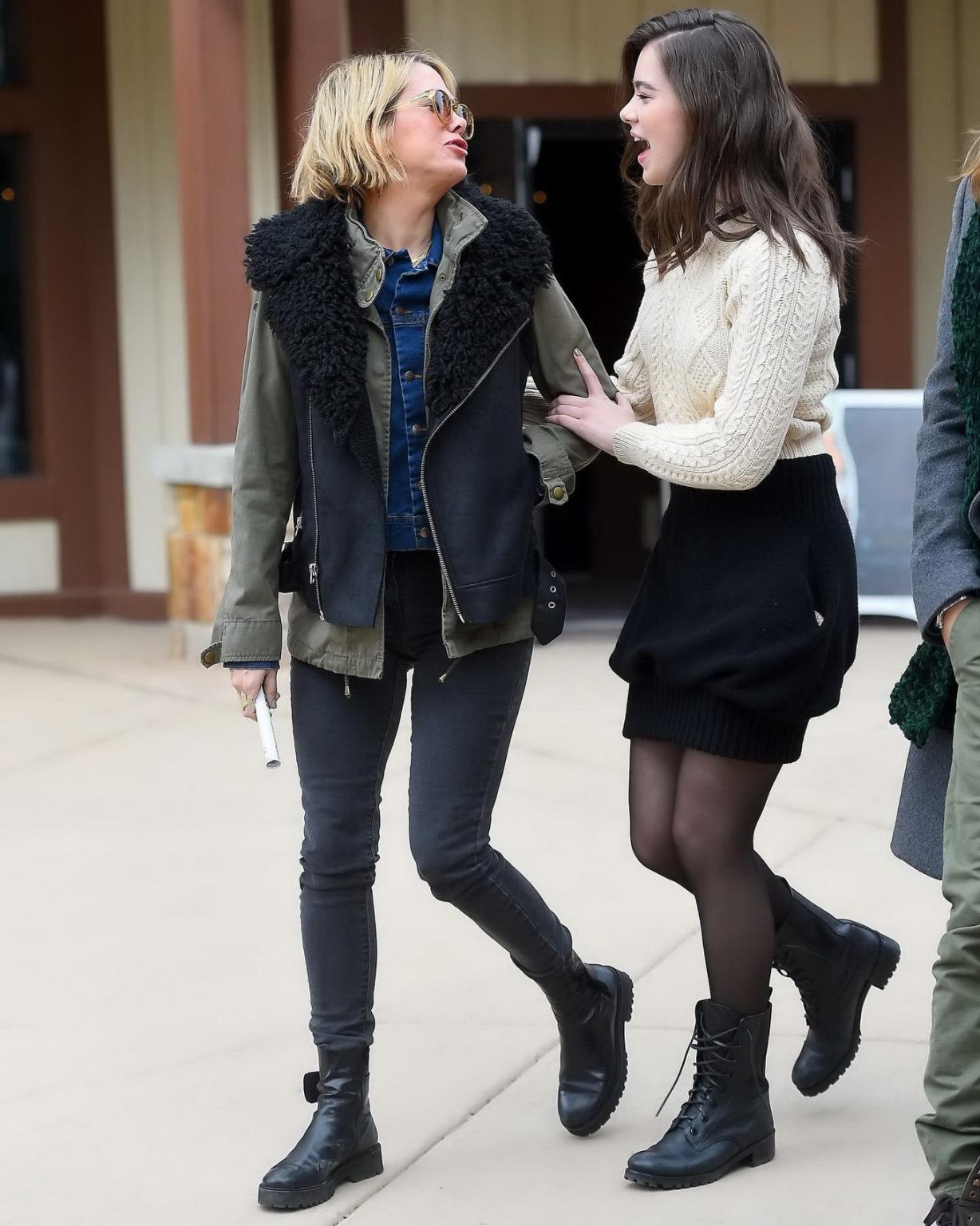 16P Hailee Steinfeld leggy wearing mini skirt and pantyhose out in Park City