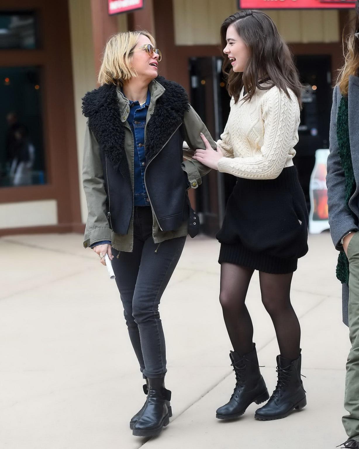 16P Hailee Steinfeld leggy wearing mini skirt and pantyhose out in Park City