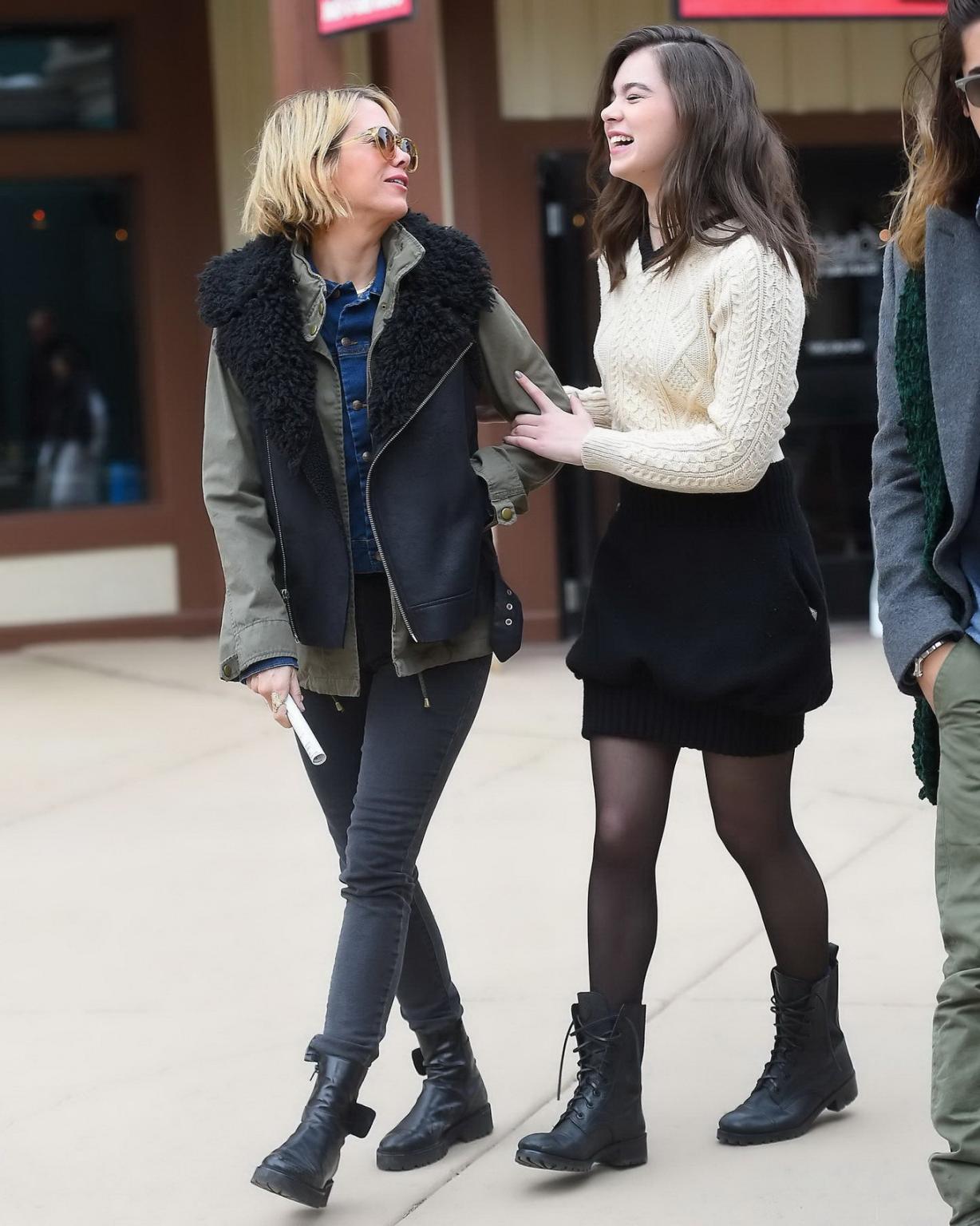 16P Hailee Steinfeld leggy wearing mini skirt and pantyhose out in Park City