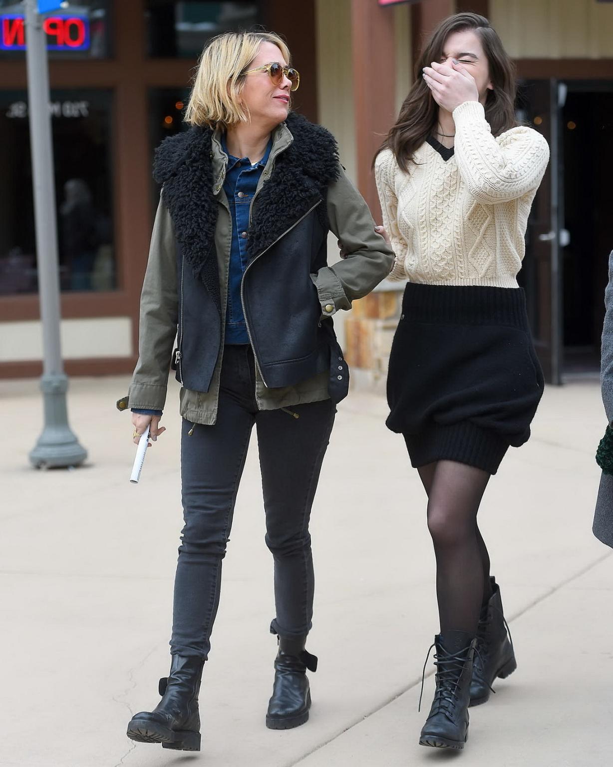 16P Hailee Steinfeld leggy wearing mini skirt and pantyhose out in Park City