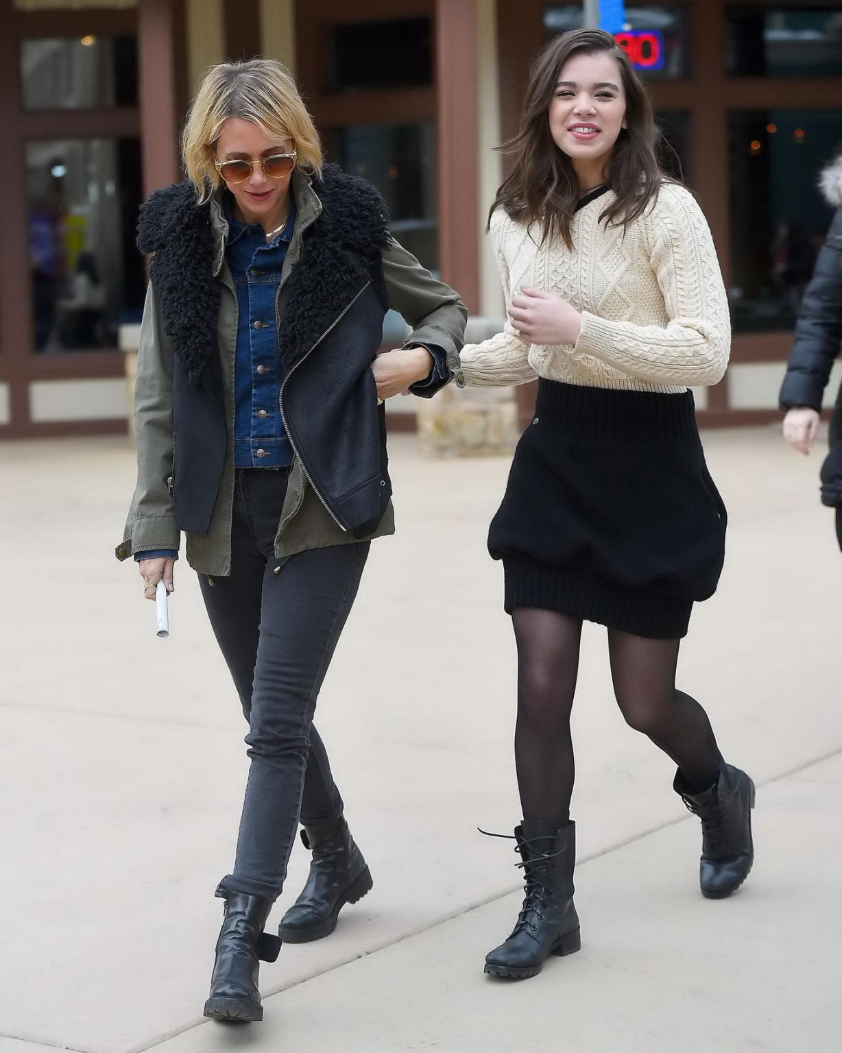 16P Hailee Steinfeld leggy wearing mini skirt and pantyhose out in Park City