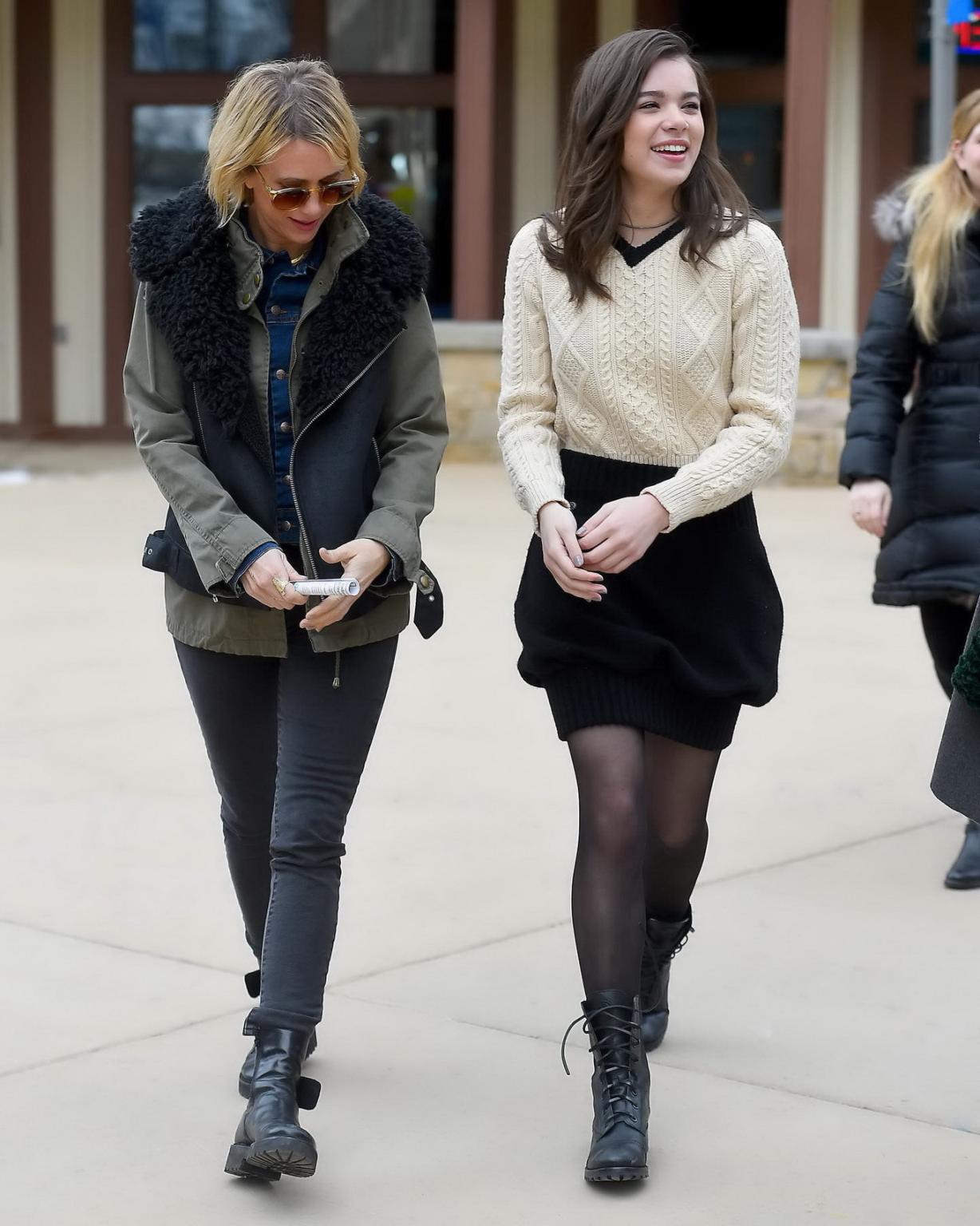 16P Hailee Steinfeld leggy wearing mini skirt and pantyhose out in Park City