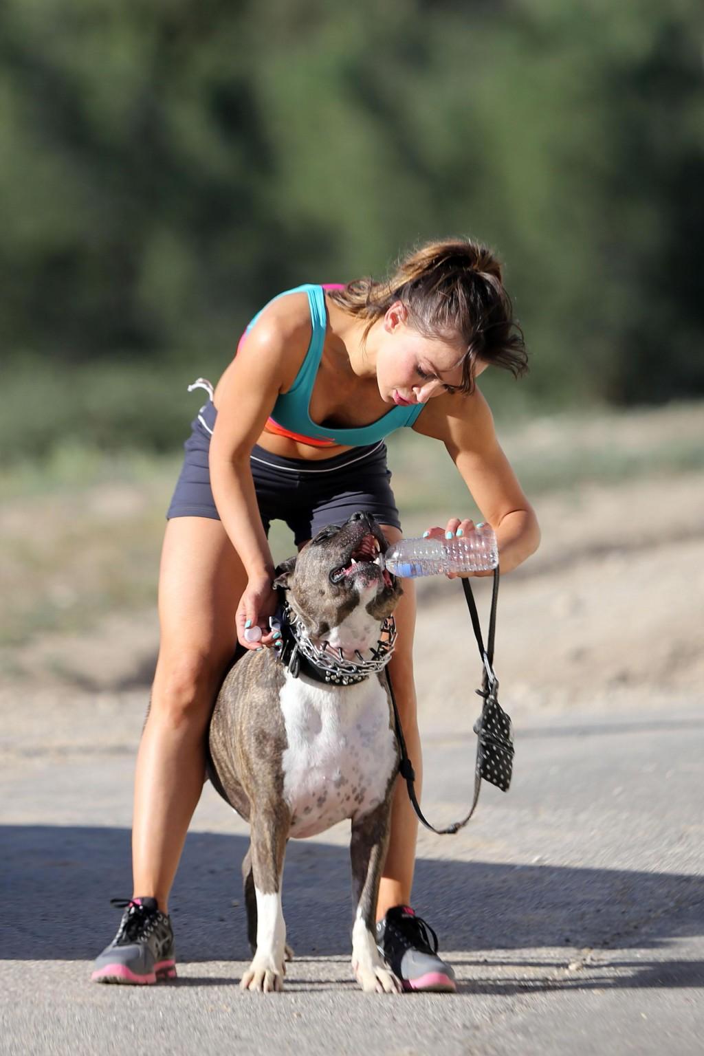 16P Karina Smirnoff in sports bra and shorts hiking with a dog at the park in LA