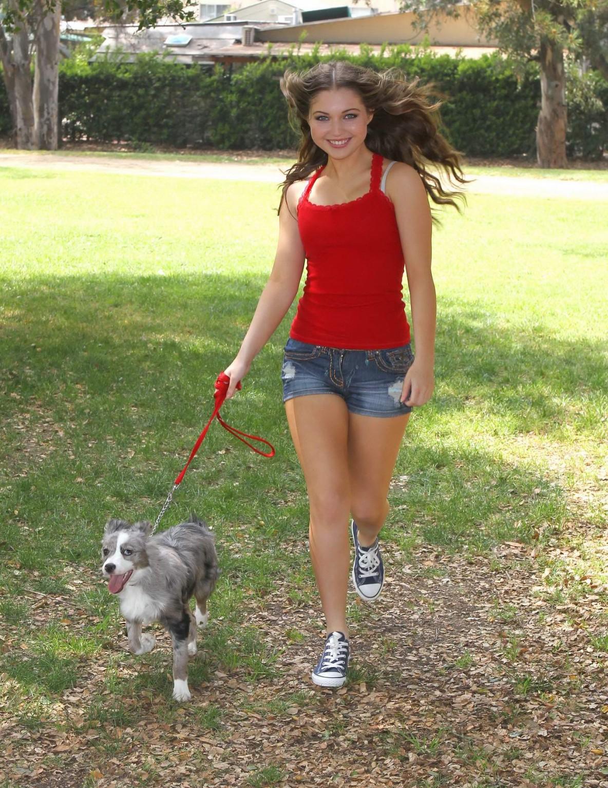 16P Sammi Hanratty leggy in tiny red top and hotpants at the park in North Hollywood