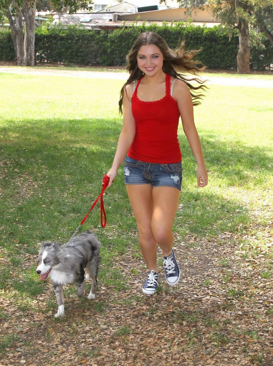16P Sammi Hanratty leggy in tiny red top and hotpants at the park in North Hollywood